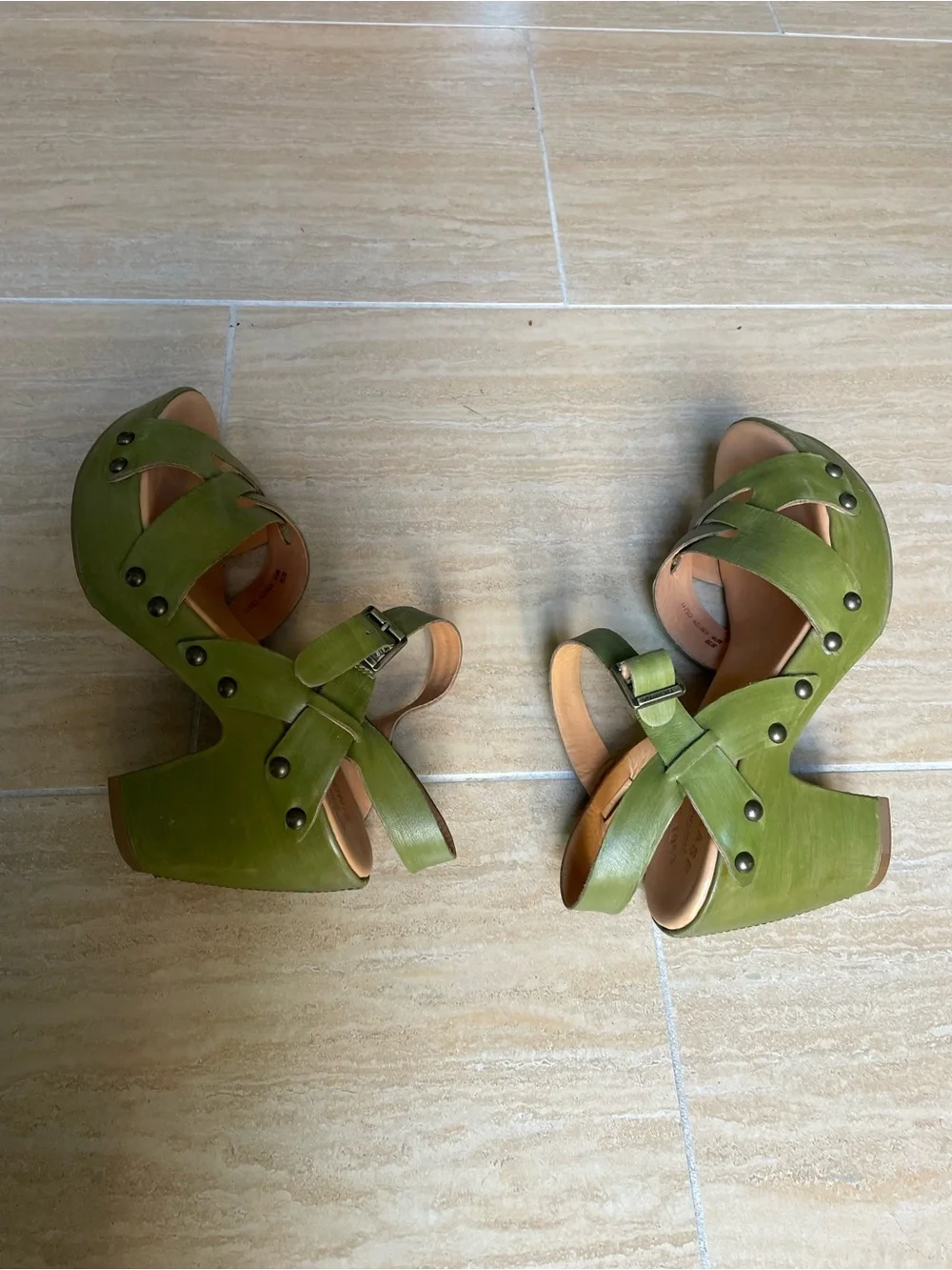 Olive green leather Korkease healed platform  sandal with ankle strap
